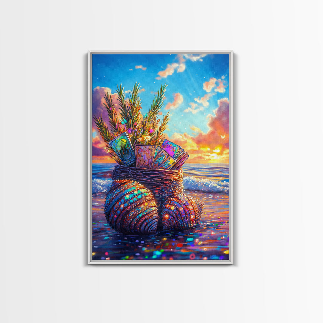 Seashell Basket With Tarot Cards At Sunset Framed Canvas Print, Coastal Wall Art, Beach House Decor, Boho Gift For Her Art