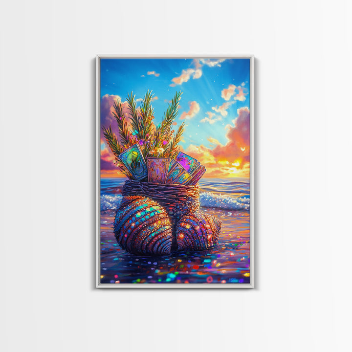 Seashell Basket With Tarot Cards At Sunset Framed Canvas Print, Coastal Wall Art, Beach House Decor, Boho Gift For Her Art