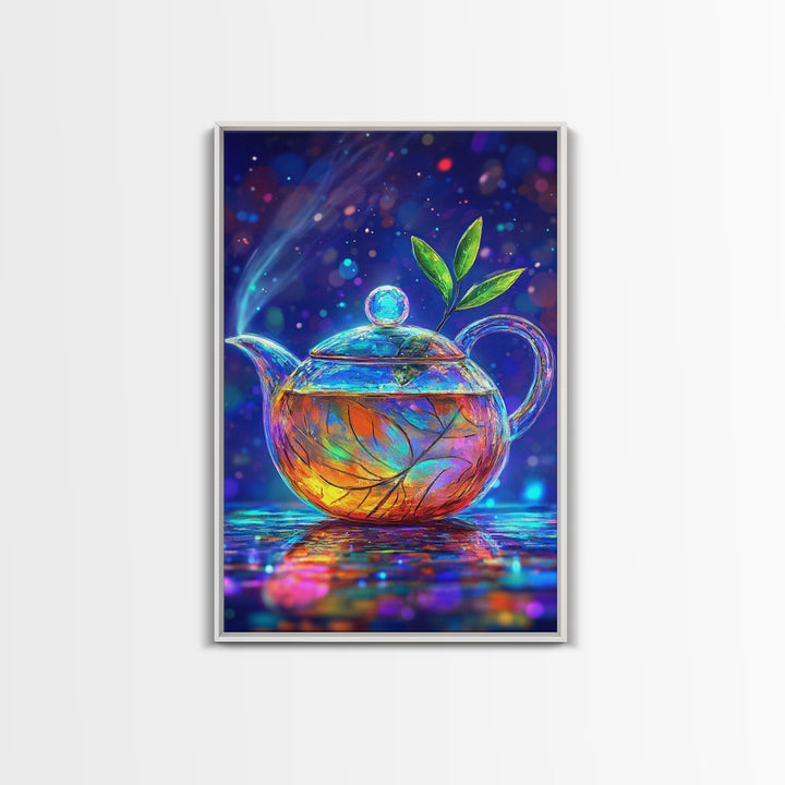 Glowing Glass Teapot With Green Leaves Canvas Print, Whimsical Kitchen Wall Art, Colorful Tea Lover Gift, Home Decor Art