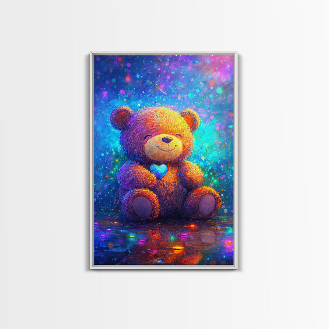 Smiling Teddy Bear With Blue Heart Wall Art, Colorful Nursery Decor, Cute Animal Art, Kids Room Canvas Print, Baby Gift Art