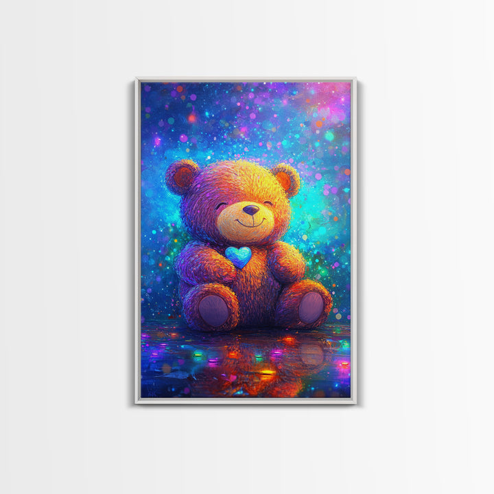 Smiling Teddy Bear With Blue Heart Wall Art, Colorful Nursery Decor, Cute Animal Art, Kids Room Canvas Print, Baby Gift Art