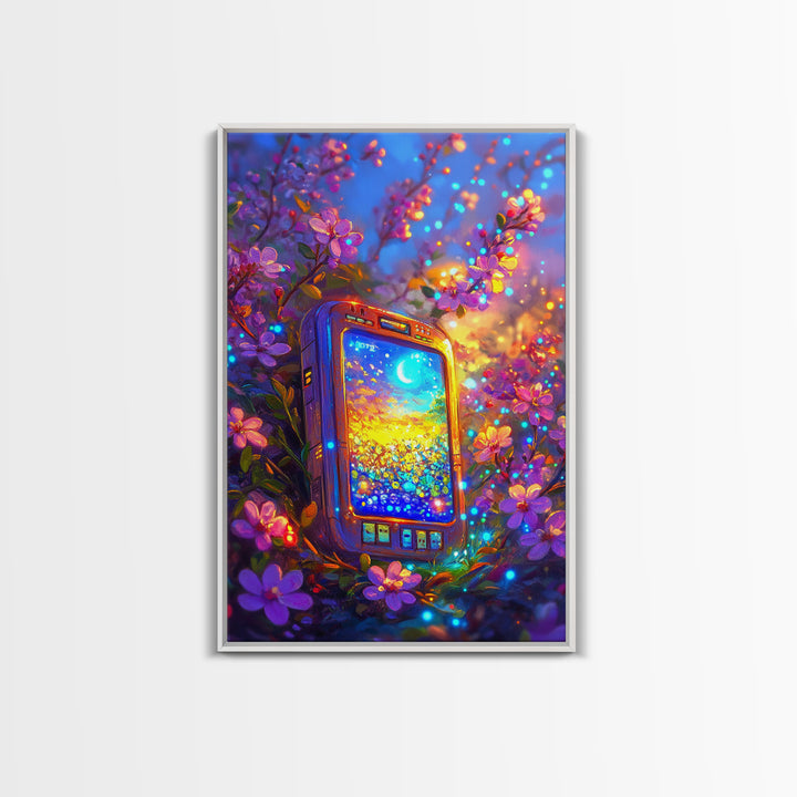 Glowing Phone Among Cherry Blossoms And Moon Wall Art, Celestial Floral Fantasy Canvas Print, Whimsical Nursery Decor Gift