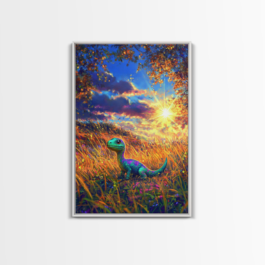 Cute Baby Dinosaur In Golden Meadow Wall Art, Colorful Safari Nursery Canvas Print, Whimsical Kids Room Decor, Unique Gift