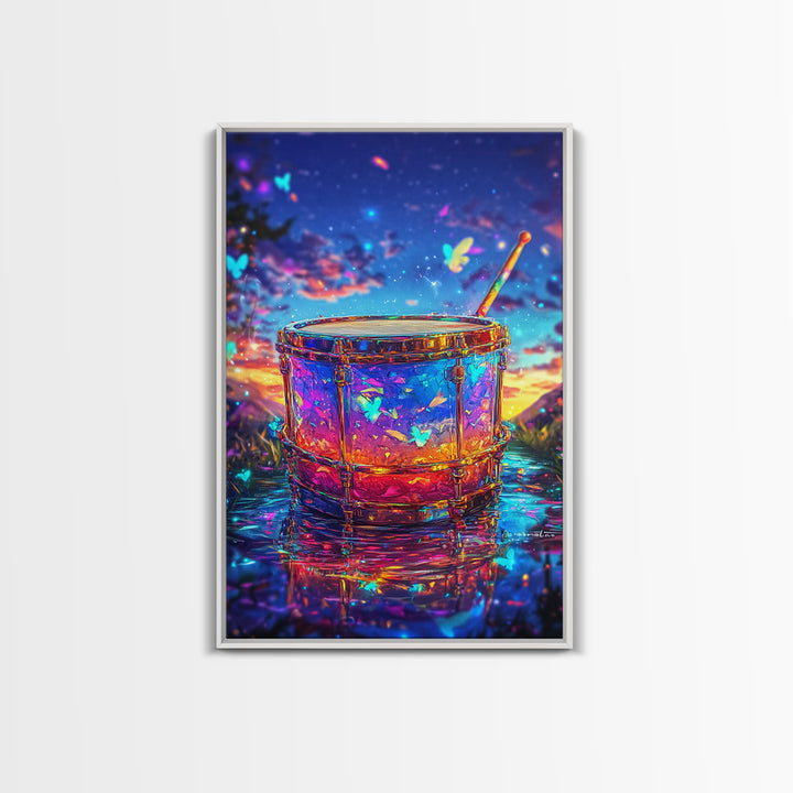 Glowing Drum With Butterflies At Sunset Wall Art, Colorful Music Studio Room Decor, Whimsical Canvas Print, Music Lover Gift