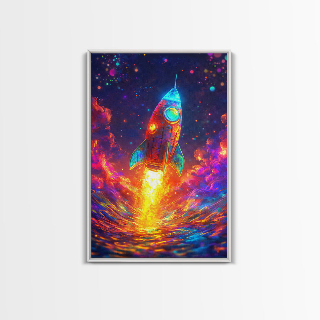 Neon Rocket Launch Over Ocean Wall Art, Colorful Space Decor, Sci Fi Art Print, Futuristic Nursery And Kids Game Room Gift