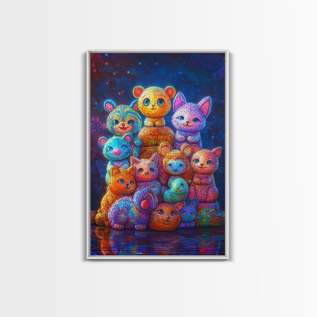 Colorful Plush Animal Friends And Kittens Wall Art, Whimsical Animal Art, Nursery Wall Art, Playroom Decor, Cute Kids Print