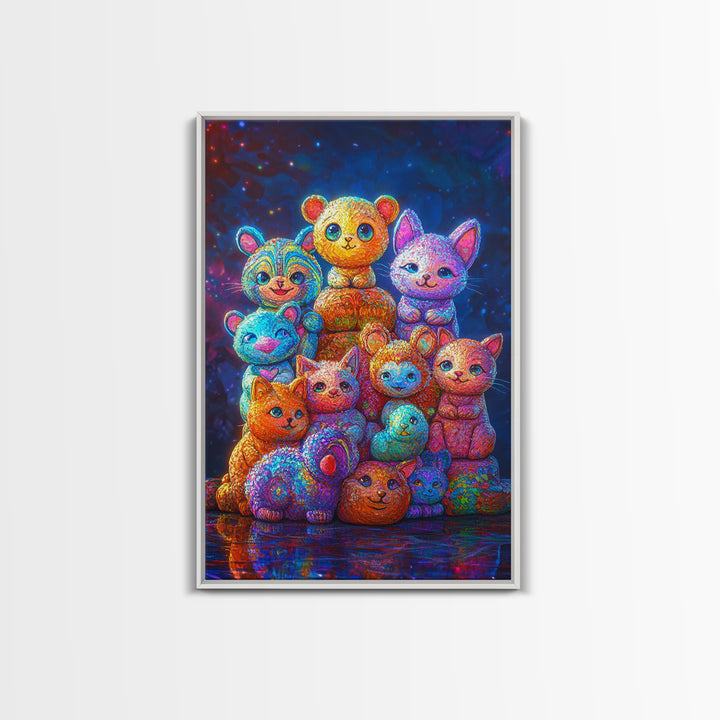 Colorful Plush Animal Friends And Kittens Wall Art, Whimsical Animal Art, Nursery Wall Art, Playroom Decor, Cute Kids Print