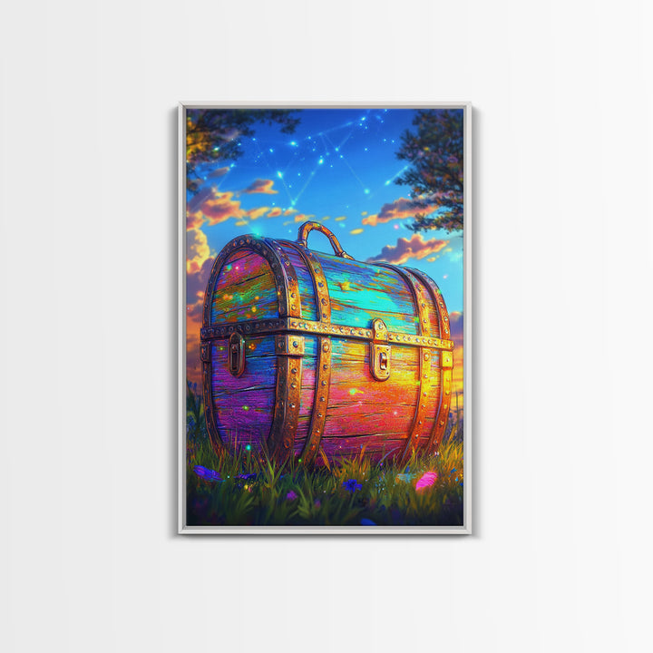 Rainbow Treasure Chest In Meadow At Sunset Framed Canvas Print, Fantasy Wall Art, Whimsical Decor, Celestial Kids Room Art