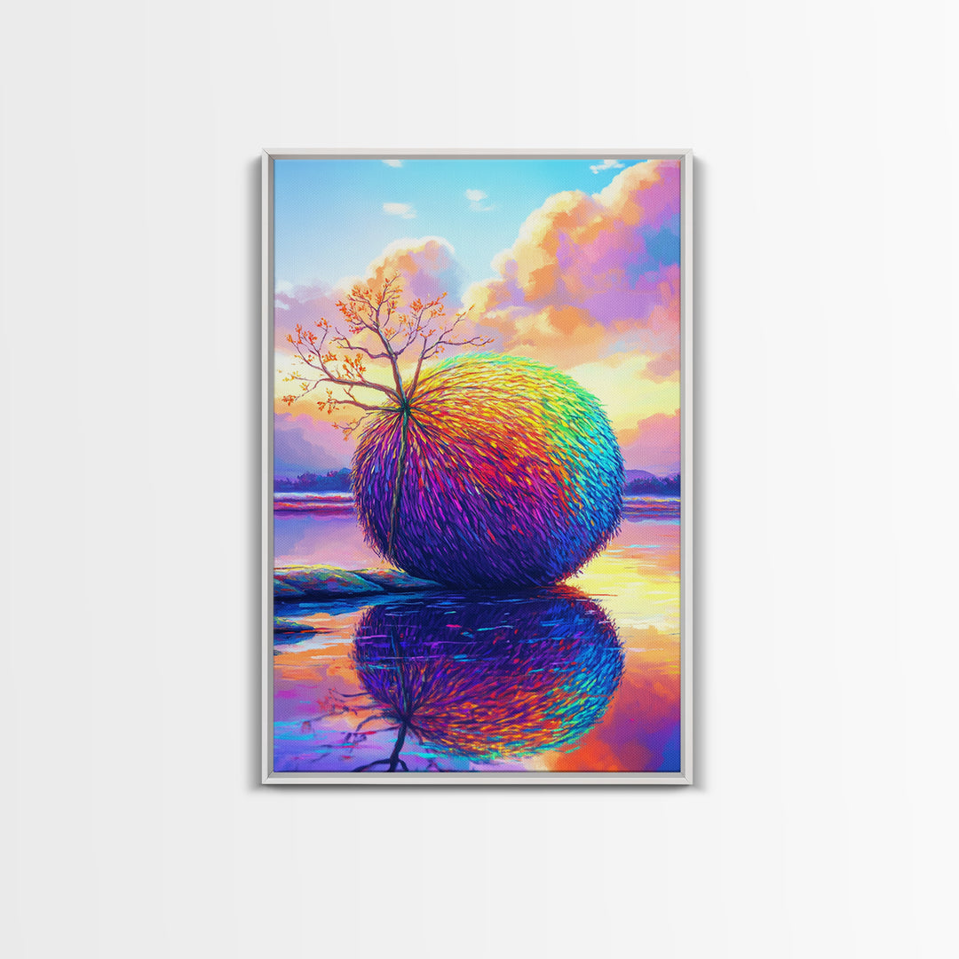 Rainbow Sphere Tree Beside Reflective Lake Wall Art, Surreal Landscape Art, Colorful Nature Decor, Modern Canvas Wall Art