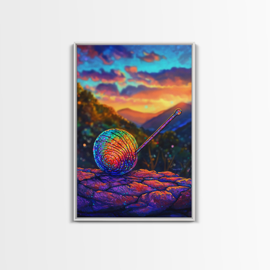 Rainbow Snail On Mountain Stone Canvas Print, Whimsical Animal Art, Colorful Nature Decor, Fantasy Living Room Wall Art Gift