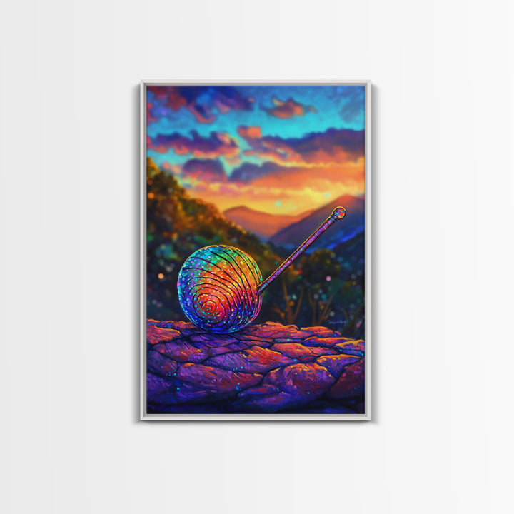 Rainbow Snail On Mountain Stone Canvas Print, Whimsical Animal Art, Colorful Nature Decor, Fantasy Living Room Wall Art Gift