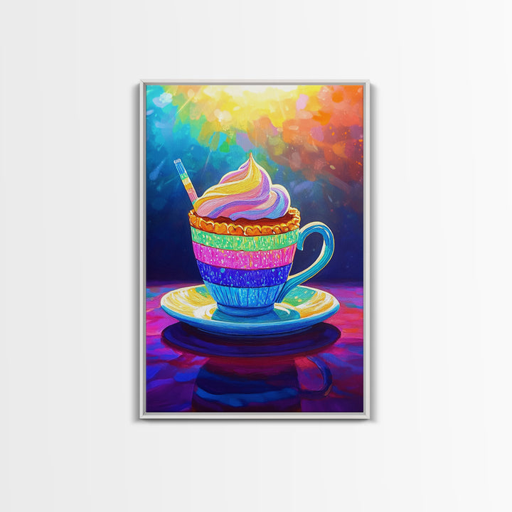Rainbow Cupcake In Teacup Kitchen Wall Art, Whimsical Dessert Art Print, Colorful Bakery Decor, Cute Cafe Canvas Print Gift