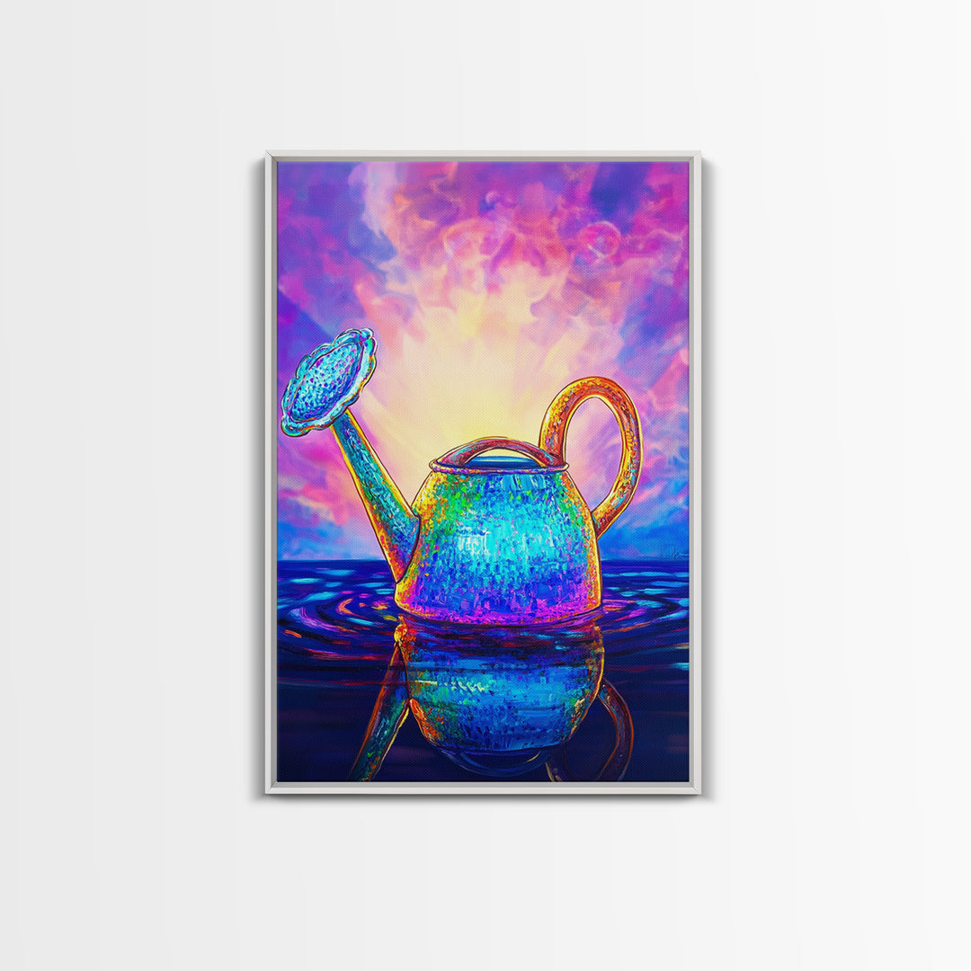 Radiant Watering Can At Sunrise Wall Art, Colorful Garden Decor, Whimsical Botanical Art Print, Vibrant Canvas Print Gift