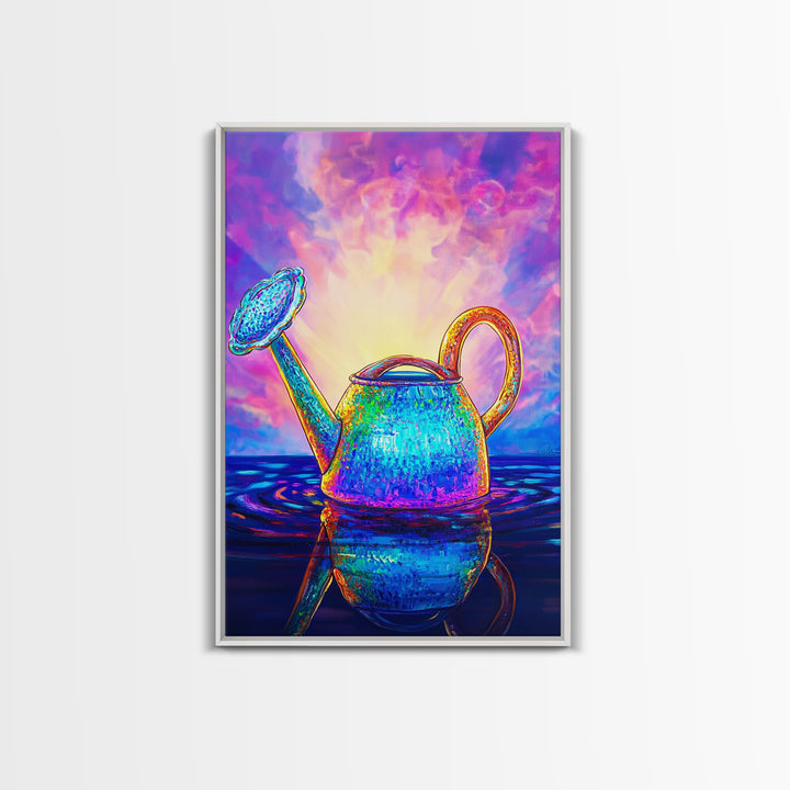 Radiant Watering Can At Sunrise Wall Art, Colorful Garden Decor, Whimsical Botanical Art Print, Vibrant Canvas Print Gift