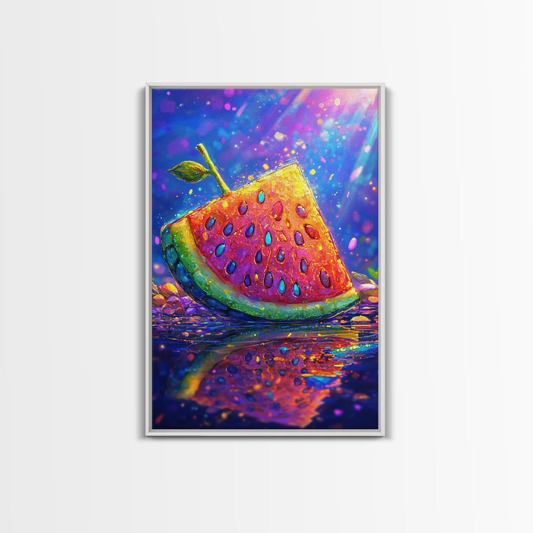 Juicy Watermelon Slice With Sprout Wall Art, Colorful Fruit Art Print, Summer Kitchen Decor, Whimsical Canvas Print Gift