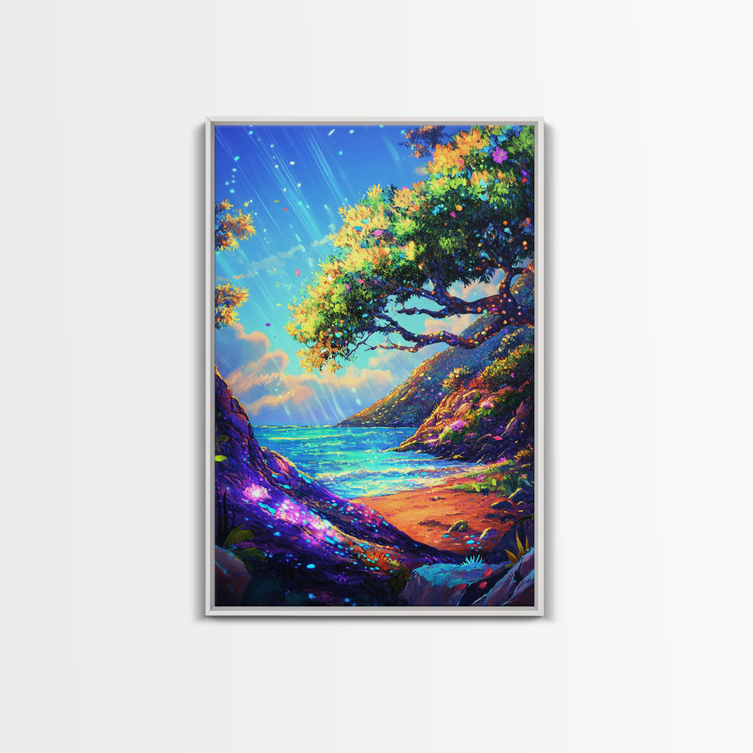 Sunlit Coastal Cove And Tree Wall Art, Vibrant Ocean Landscape Art Print, Tropical Beach House Decor, Large Canvas Print