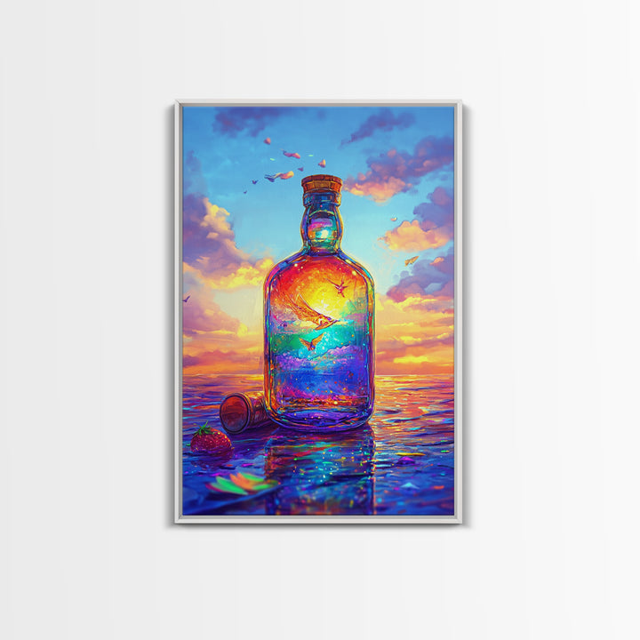 Sunset Ocean In Glass Bottle Wall Art, Surreal Seascape Art Print, Coastal Beach House Decor, Whimsical Canvas Print Gift
