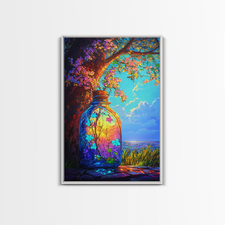 Glowing Jar Under Flowering Tree Wall Art, Whimsical Botanical Landscape, Coastal Nature Decor, Vibrant Canvas Print Gift