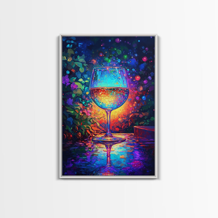 Glowing Wine Glass On Dark Table Canvas Print, Colorful Bar Wall Art, Kitchen Decor, Wine Lover Gift, Dining Room Art Print