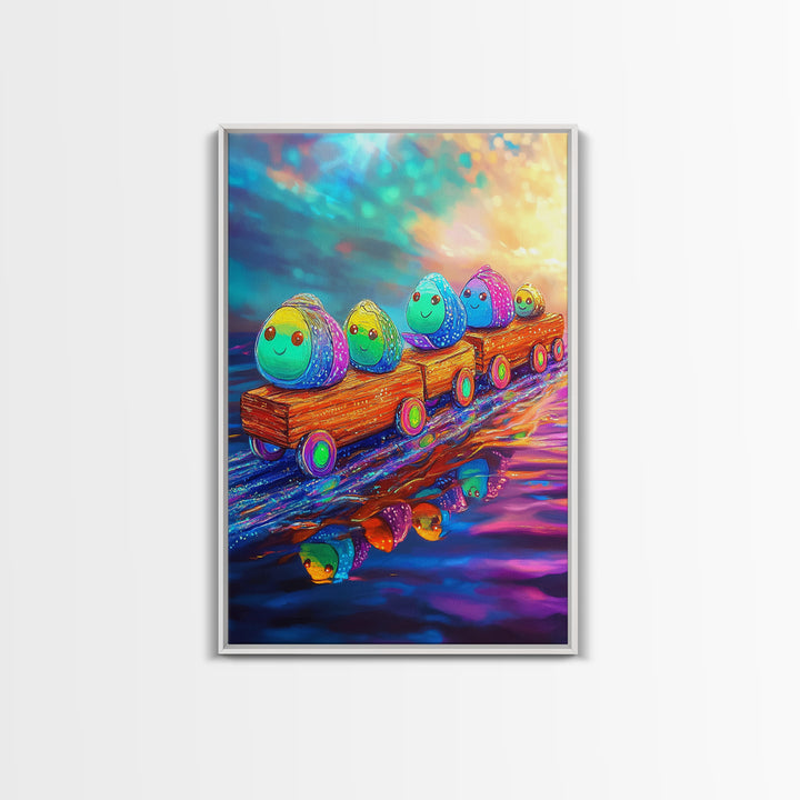 Smiling Rainbow Egg Train Canvas Print, Whimsical Kids Room Wall Art, Colorful Nursery Decor, Cute Playroom Art, Baby Shower Gift
