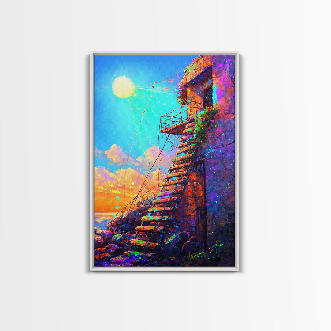 Sunlit Stone Stairway By The Sea Canvas Print, Coastal Wall Art, Mediterranean Landscape, Sunset Travel Home Decor Gift For Her