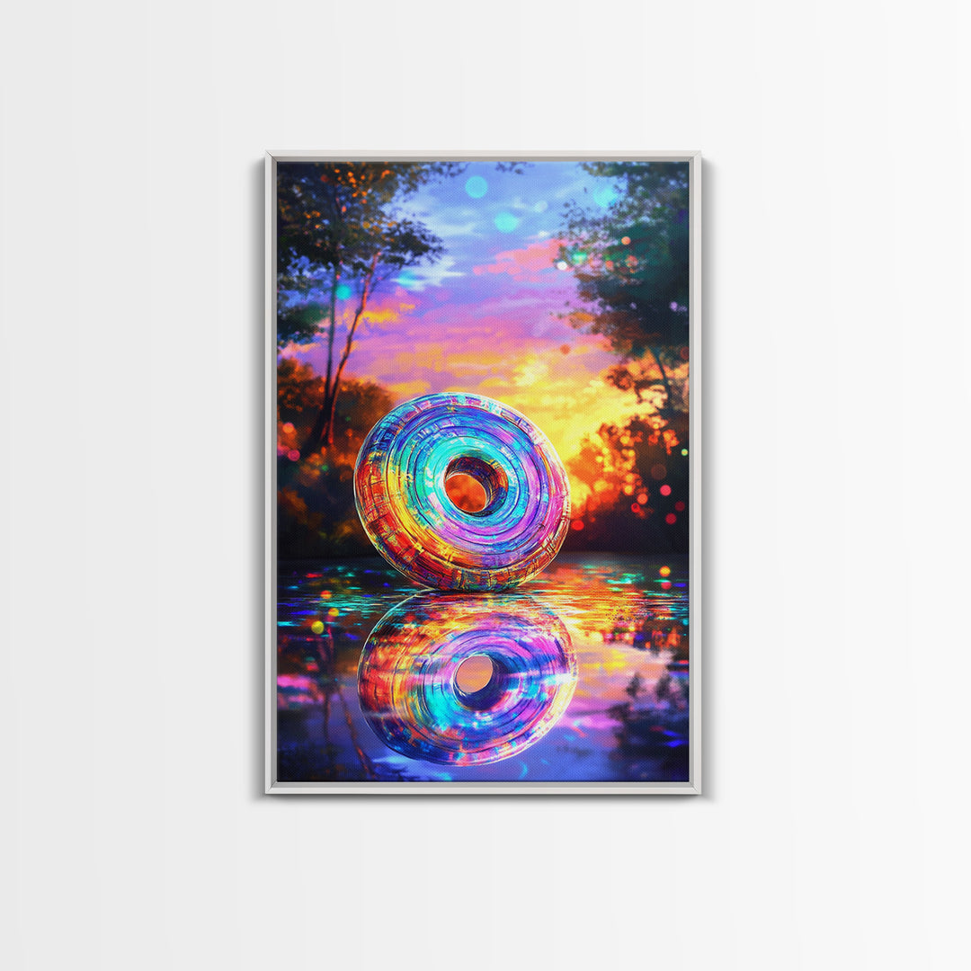 Iridescent Rainbow Ring At Sunset Framed Canvas Print, Colorful Wall Art, Abstract Landscape, Living Room Modern Home Decor Gift