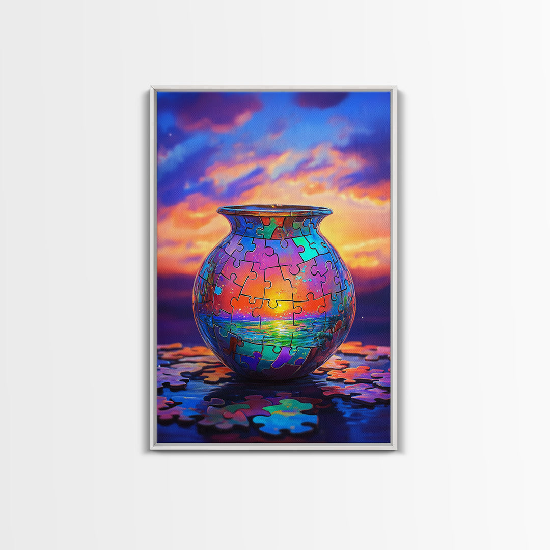 Puzzle Piece Vase With Ocean Sunset Canvas Print, Colorful Wall Art, Whimsical Seascape, Living Room Coastal Home Decor Gift