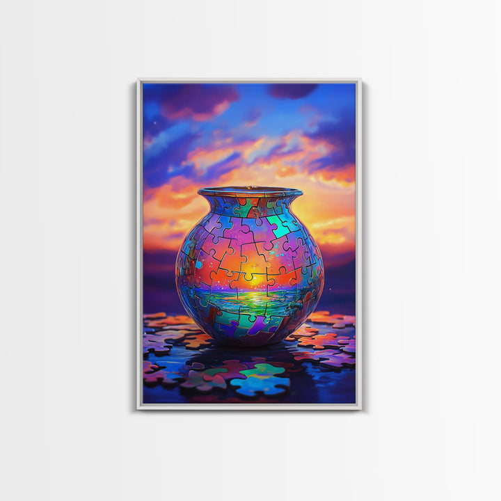 Puzzle Piece Vase With Ocean Sunset Canvas Print, Colorful Wall Art, Whimsical Seascape, Living Room Coastal Home Decor Gift
