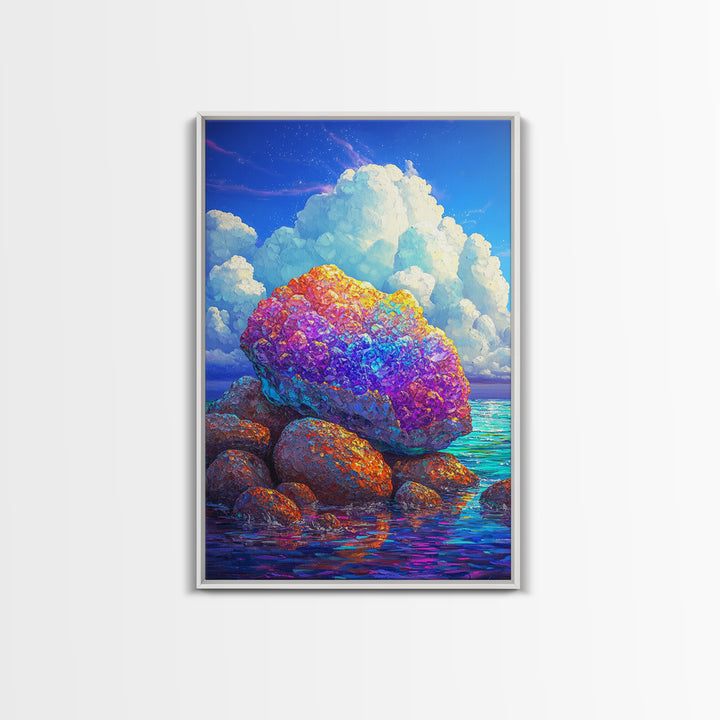 Rainbow Crystal Rocks Beside Blue Sea Canvas Print, Coastal Wall Art, Colorful Nature Art, Ocean Landscape Home Decor Gift