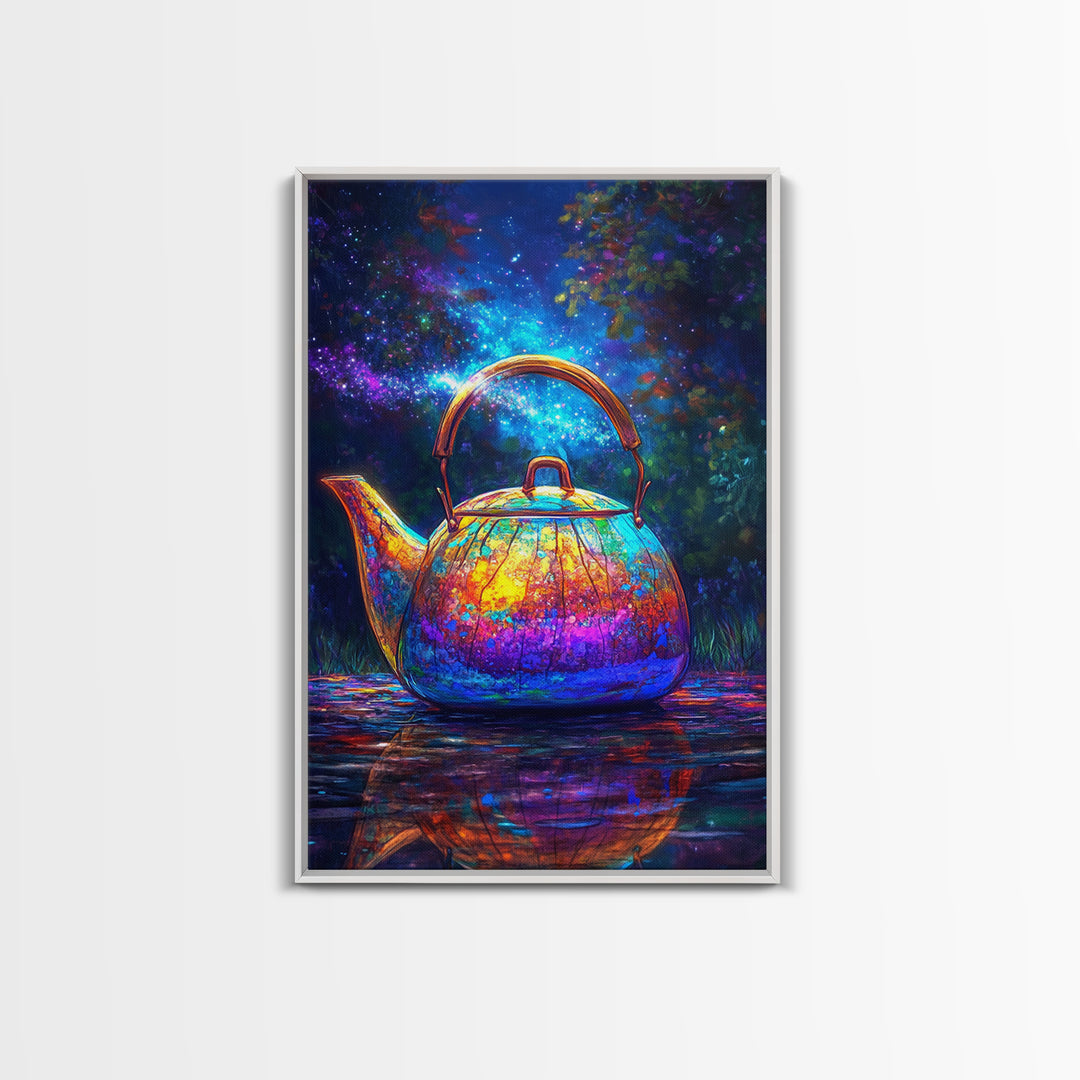 Cosmic Rainbow Teapot Under Stars Canvas Print, Whimsical Kitchen Wall Art, Unique Tea Lover Gift, Colorful Home Decor Print