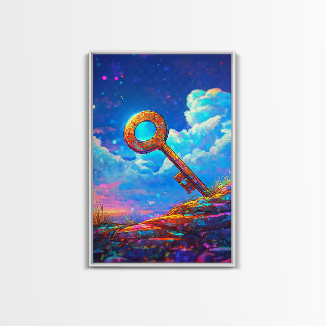 Golden Key On Dreamy Hilltop Canvas Print, Whimsical Wall Art, Fantasy Decor, Celestial Art, Unique Gift, Kids Room Decor