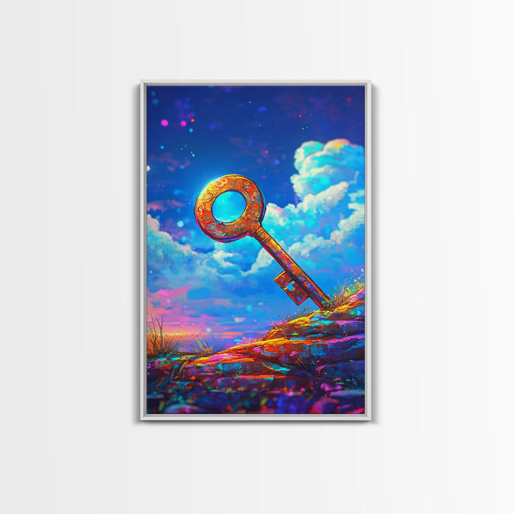 Golden Key On Dreamy Hilltop Canvas Print, Whimsical Wall Art, Fantasy Decor, Celestial Art, Unique Gift, Kids Room Decor