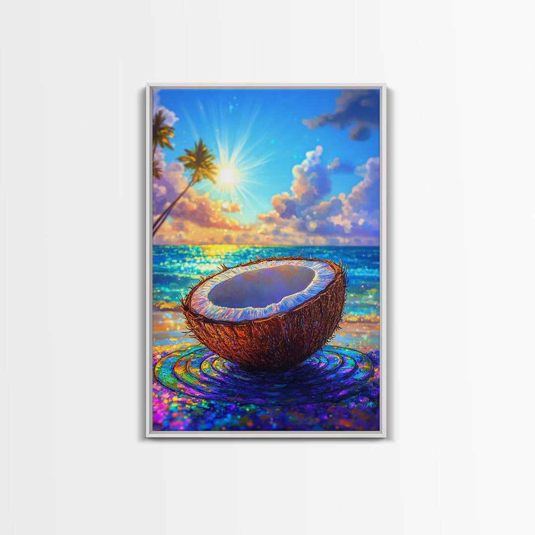Sunlit Coconut On Tropical Beach Canvas Print, Coastal Wall Art, Beach House Decor, Summer Kitchen Art, Ocean Lover Gift