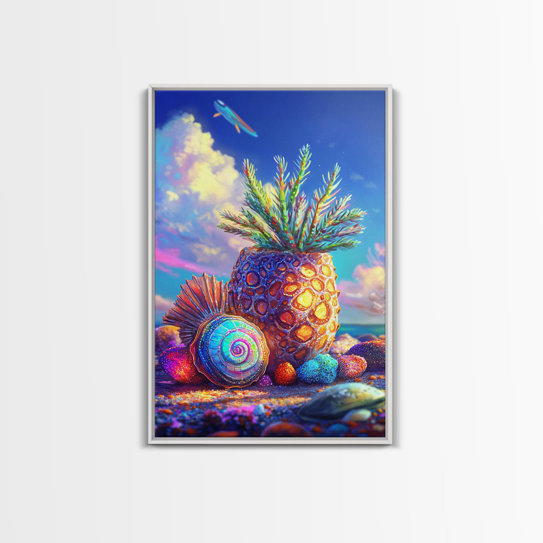 Surreal Pineapple And Seashell Canvas Print, Tropical Beach Wall Art, Colorful Coastal Decor, Whimsical Kitchen Art Print