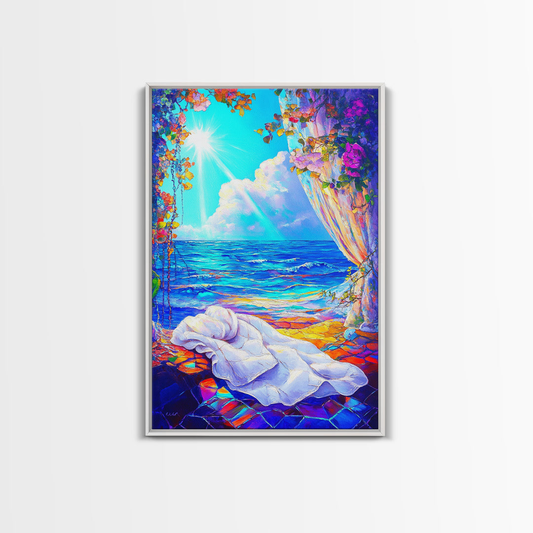 Sunlit Ocean Window And Draped Bed Framed Canvas Print, Coastal Wall Art, Beach House Decor, Romantic Seascape Bedroom Decor