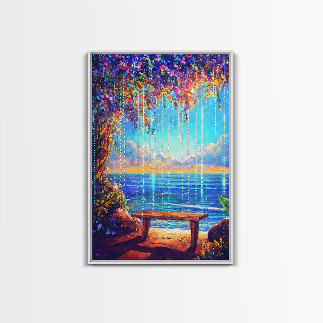 Flower Canopy Ocean Bench Framed Canvas Print, Coastal Wall Art, Tropical Beach House Decor, Romantic Seaside Artwork For Living Room