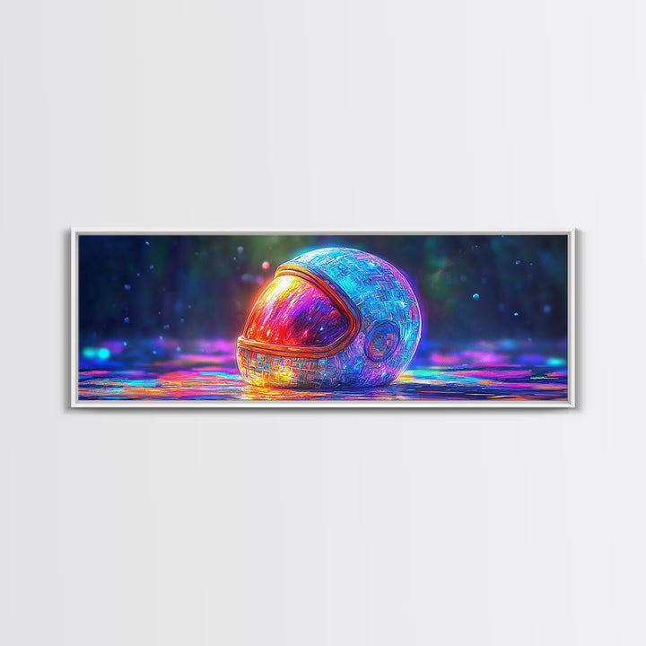 Neon Astronaut Helmet On Cosmic Rain Canvas Print, Futuristic Space Wall Art, Sci Fi Decor, Gamer Room Decor, Gift For Him