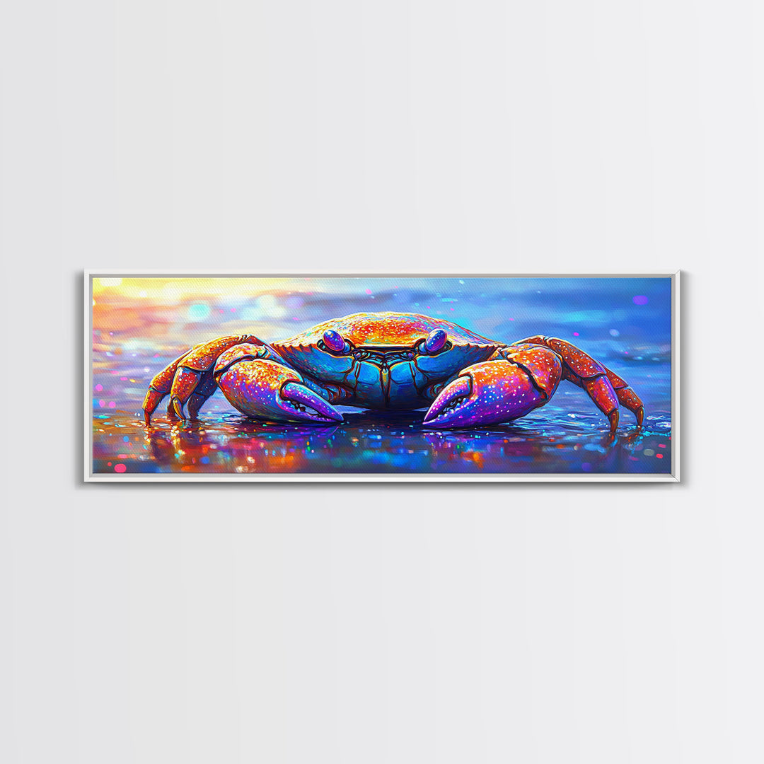 Vibrant Rainbow Crab On Wet Beach Wall Art, Coastal Ocean Animal Art, Colorful Beach House Decor, Nautical Canvas Print Art