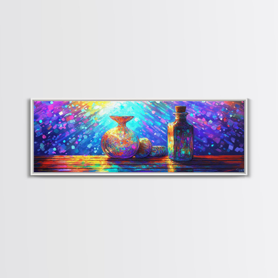 Radiant Glass Vase And Bottle Still Life Wall Art, Colorful Kitchen Decor, Modern Eclectic Art, Framed Canvas Print Gift