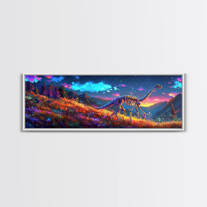Glowing Dinosaur Skeleton In Mountain Meadow Canvas Print, Fantasy Wall Art, Landscape Art, Colorful Wall Decor, Kids Room Art