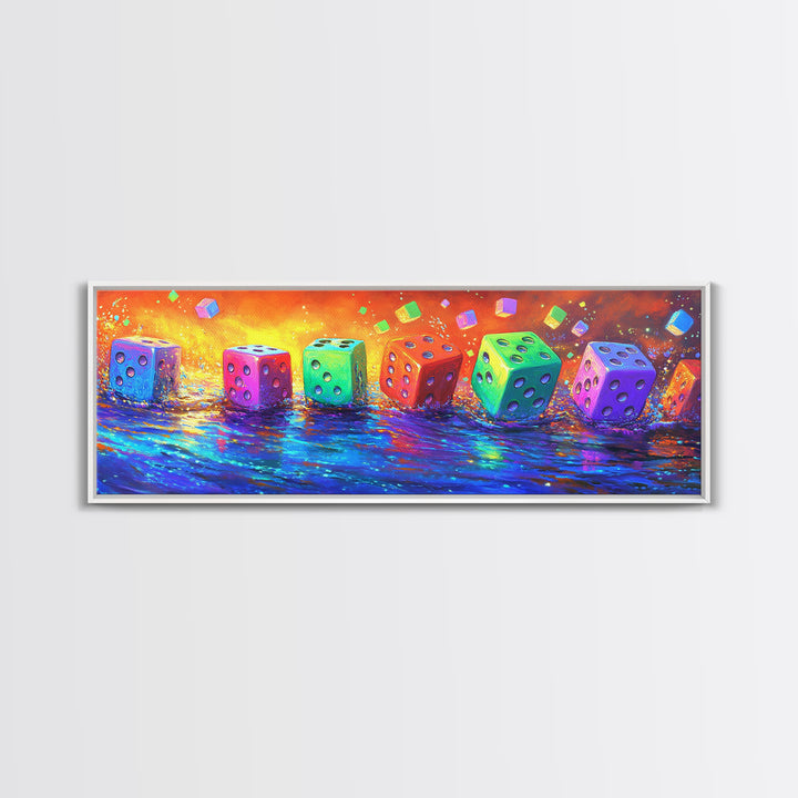 Row Of Rainbow Dice On Reflective Table Canvas Print, Game Room Wall Art, Colorful Wall Decor, Gamer Gift, Modern Wall Art
