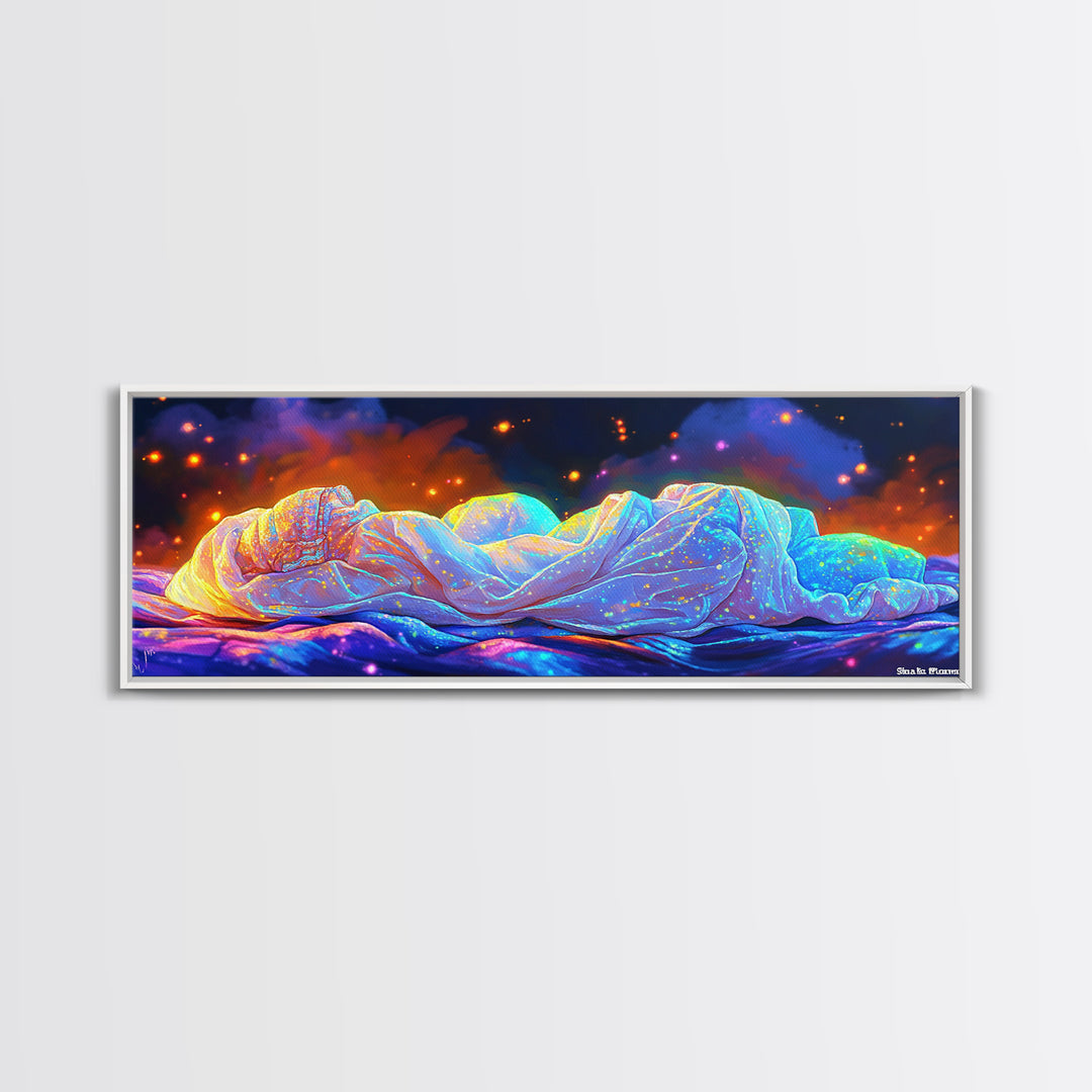 Glowing Sleeping Figure Under Starry Blanket Canvas Print, Sweet Dreams Wall Art, Cozy Bedroom Decor, Ethereal Dreamy Wall Decor
