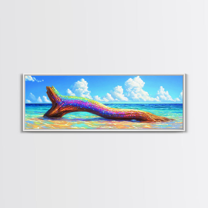 Rainbow Driftwood On Turquoise Beach Canvas Print, Coastal Wall Art, Beach House Decor, Ocean Wall Decor, Tropical Home Decor