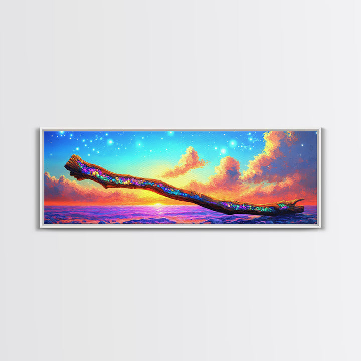 Glittering Branch Over Sunset Ocean Framed Canvas Print, Coastal Wall Art, Seascape Art, Beach House Decor, Summer Vibes