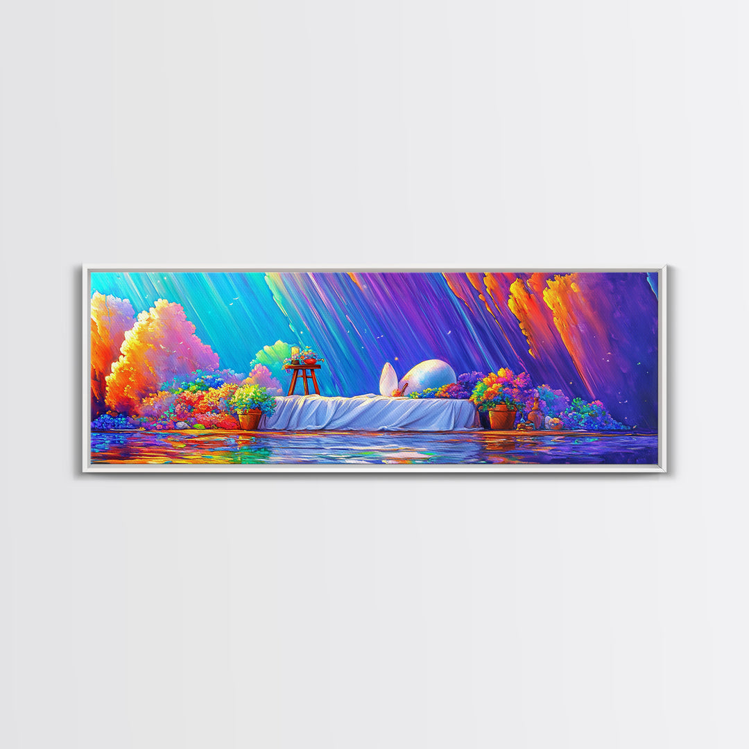 Surreal White Bed With Moonlit Egg Framed Canvas Print, Whimsical Wall Art, Maximalist Decor, Romantic Dreamy Bedroom Wall Decor