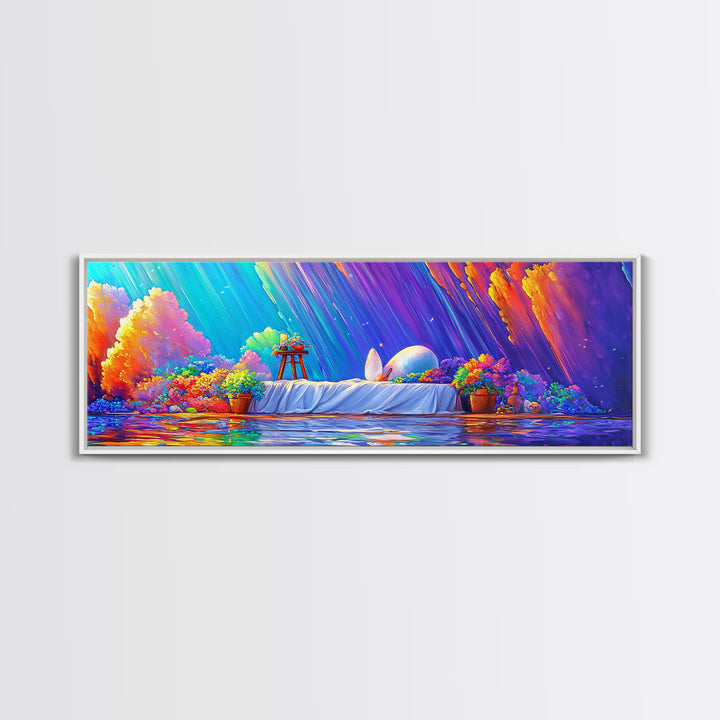 Surreal White Bed With Moonlit Egg Framed Canvas Print, Whimsical Wall Art, Maximalist Decor, Romantic Dreamy Bedroom Wall Decor