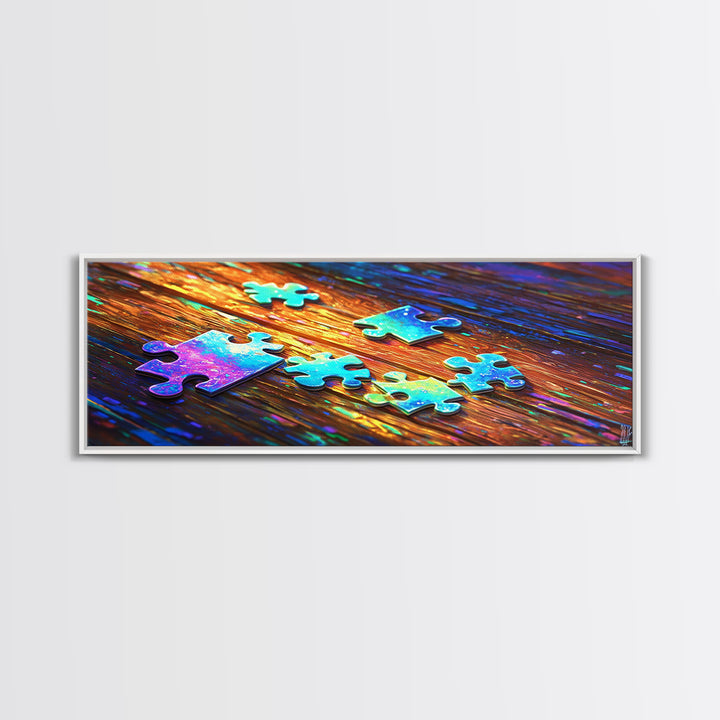 Rainbow Puzzle Pieces On Wood Table Canvas Print, Game Room Wall Art, Colorful Abstract Art, Playroom Decor, Unique Gift