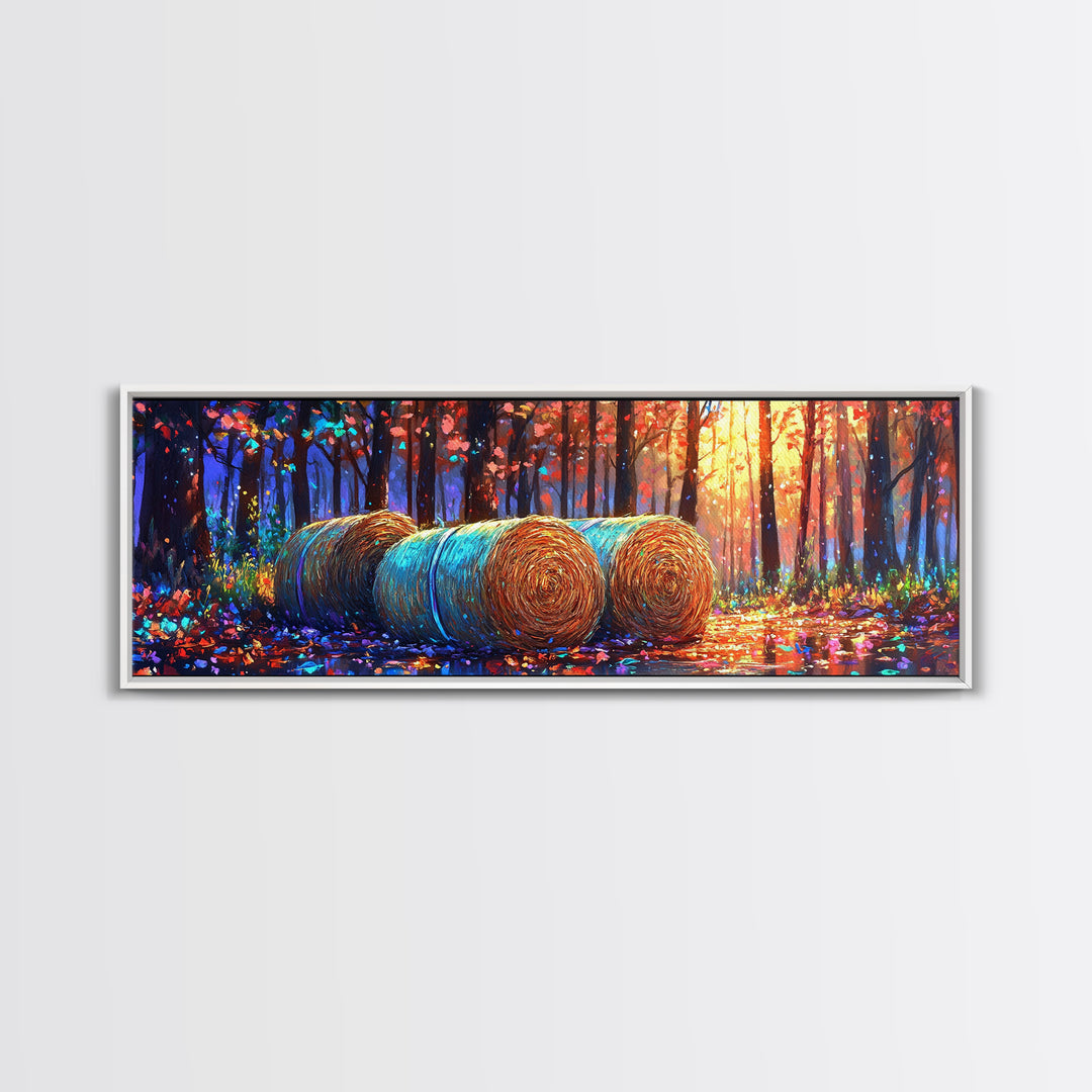 Golden Hay Bales In Autumn Forest Wall Art, Rustic Farmhouse Decor, Landscape Art Print, Country Home Decor, Cabin Wall Art