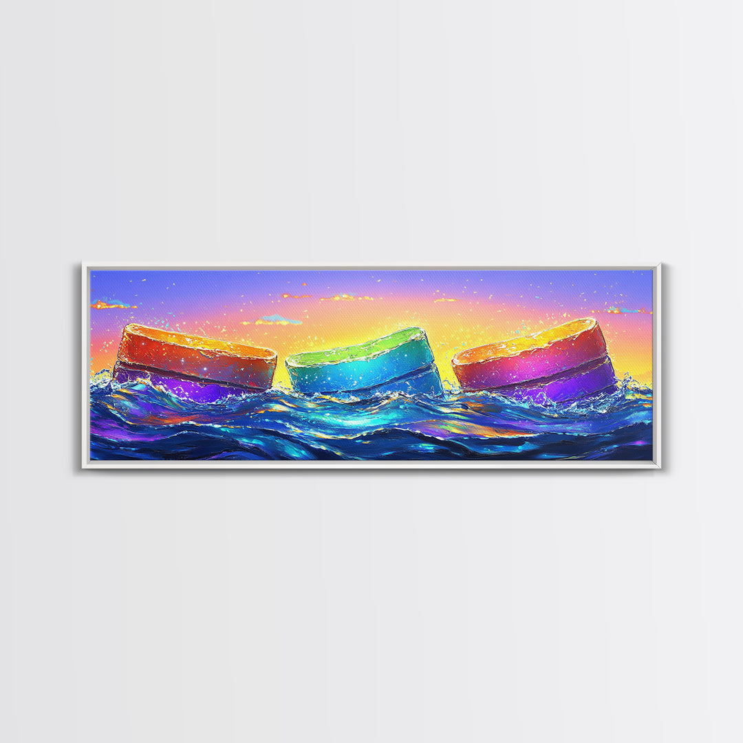 Rainbow Buoys In Ocean Waves Canvas Print, Coastal Wall Art, Colorful Beach House Decor, Modern Summer Living Room Wall Art