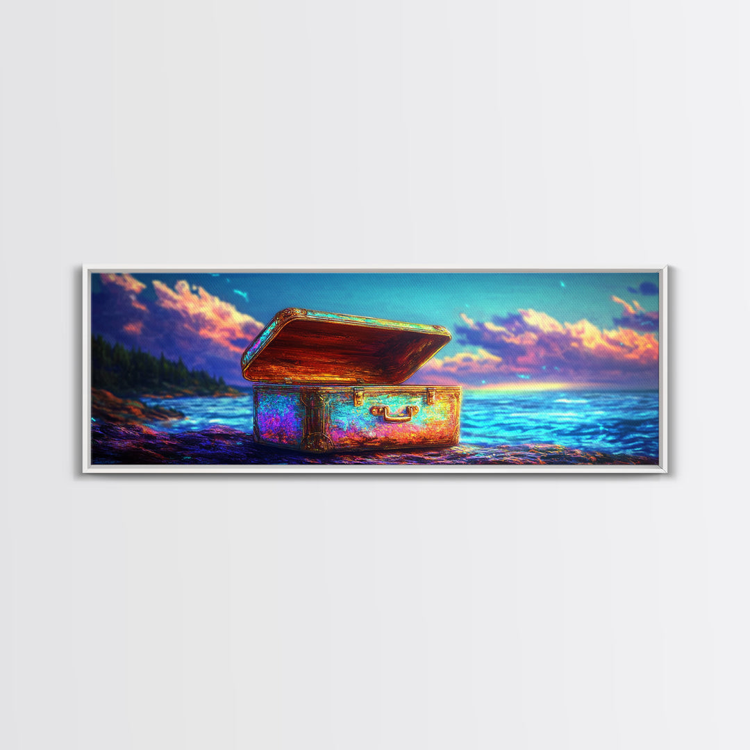 Open Treasure Chest On Neon Beach Canvas Print, Coastal Wall Art, Fantasy Ocean Decor, Beach House Decor, Housewarming Gift